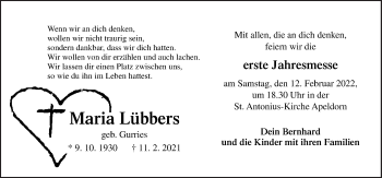 Traueranzeige von Maria Lübbers von Neue Osnabrücker Zeitung GmbH & Co. KG