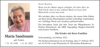 Traueranzeige von Maria Sandmann von Neue Osnabrücker Zeitung GmbH & Co. KG