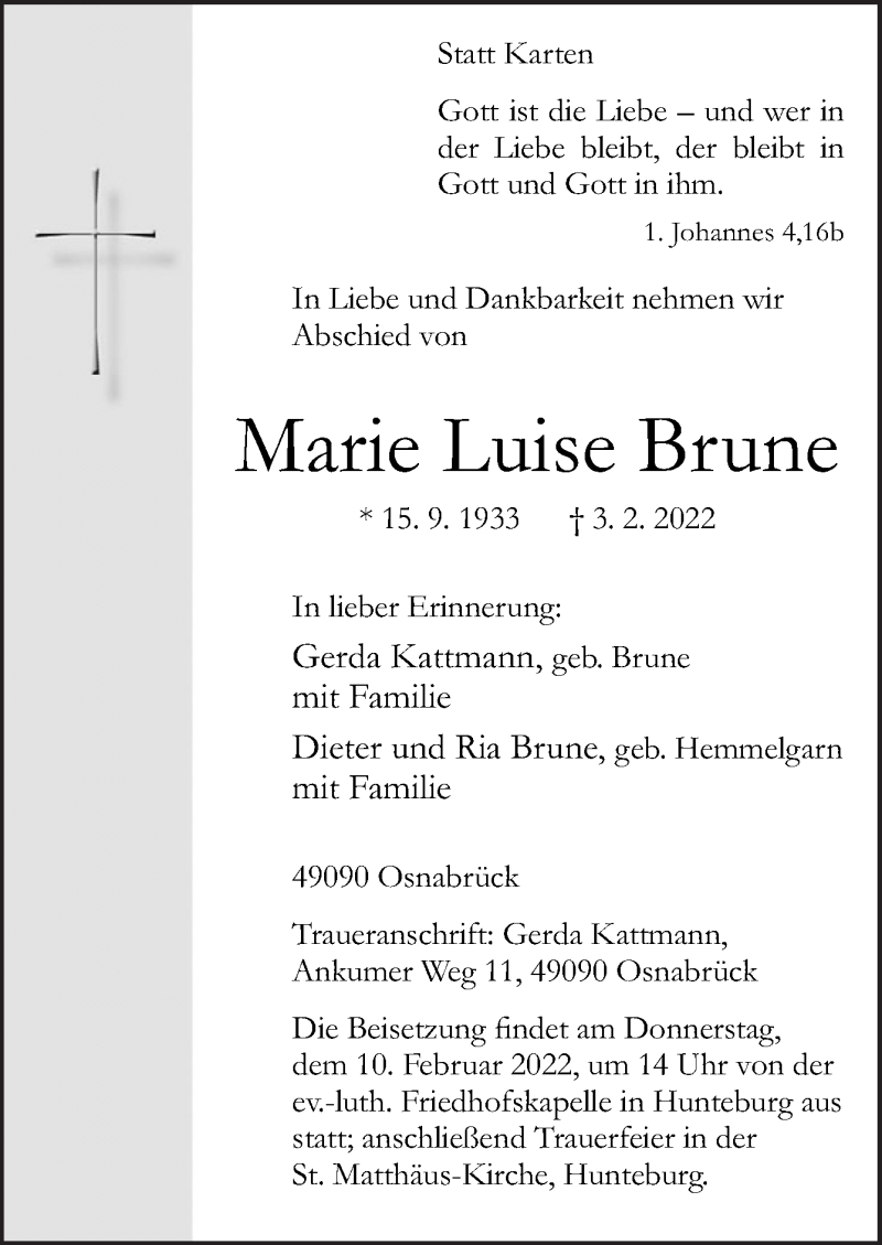  Traueranzeige für Marie Luise Brune vom 07.02.2022 aus Neue Osnabrücker Zeitung GmbH & Co. KG