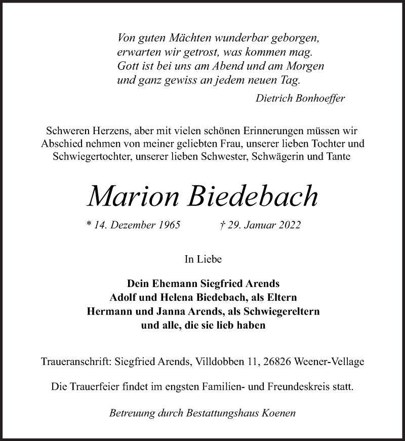  Traueranzeige für Marion Biedebach vom 01.02.2022 aus Neue Osnabrücker Zeitung GmbH & Co. KG