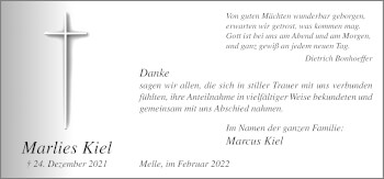 Traueranzeige von Marlies Kiel von Neue Osnabrücker Zeitung GmbH & Co. KG