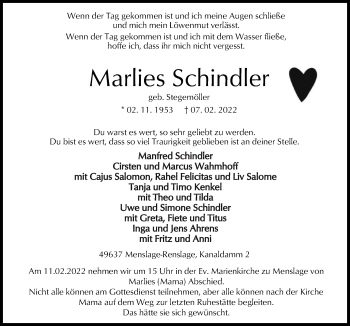 Traueranzeige von Marlies Schindler von Neue Osnabrücker Zeitung GmbH & Co. KG