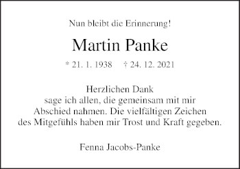 Traueranzeige von Martin Panke von Neue Osnabrücker Zeitung GmbH & Co. KG