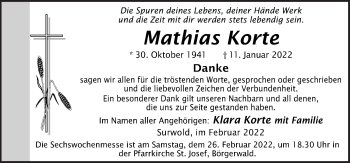 Traueranzeige von Mathias Korte von Neue Osnabrücker Zeitung GmbH & Co. KG