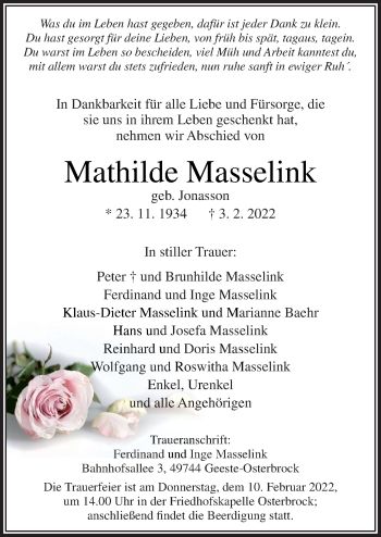 Traueranzeige von Mathilde Masselink von Neue Osnabrücker Zeitung GmbH & Co. KG