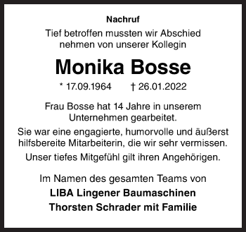 Traueranzeige von Monika Bosse von Neue Osnabrücker Zeitung GmbH & Co. KG