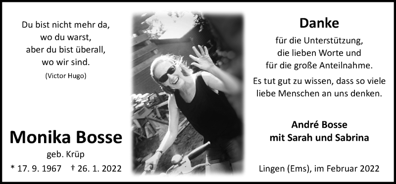  Traueranzeige für Monika Bosse vom 26.02.2022 aus Neue Osnabrücker Zeitung GmbH & Co. KG