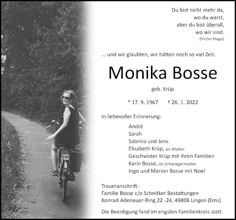 Traueranzeige für Monika Bosse vom 05.02.2022 aus Neue Osnabrücker Zeitung GmbH & Co. KG