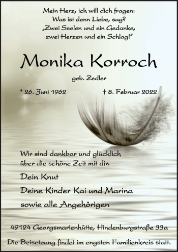 Traueranzeige von Monika Korroch von Neue Osnabrücker Zeitung GmbH & Co. KG