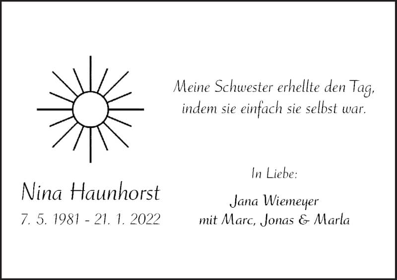  Traueranzeige für Nina Haunhorst vom 05.02.2022 aus Neue Osnabrücker Zeitung GmbH & Co. KG