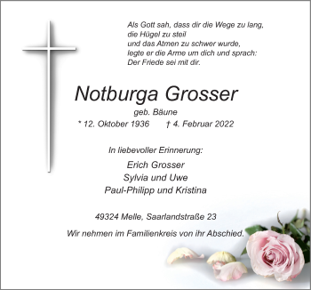 Traueranzeige von Notburga Grosser von Neue Osnabrücker Zeitung GmbH & Co. KG