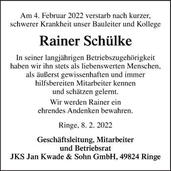 Traueranzeige von Rainer Schülke von Neue Osnabrücker Zeitung GmbH & Co. KG