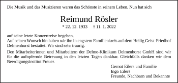 Traueranzeige von Reimund Rösler von Neue Osnabrücker Zeitung GmbH & Co. KG