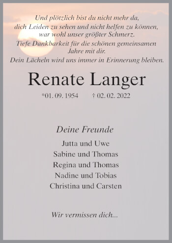 Traueranzeige von Renate Langer von Neue Osnabrücker Zeitung GmbH & Co. KG