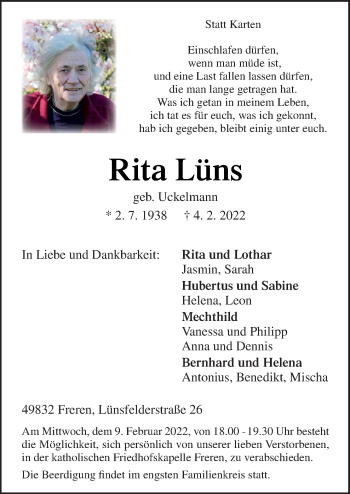 Traueranzeige von Rita Lüns von Neue Osnabrücker Zeitung GmbH & Co. KG