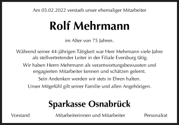 Traueranzeige von Rolf Mehrmann von Neue Osnabrücker Zeitung GmbH & Co. KG