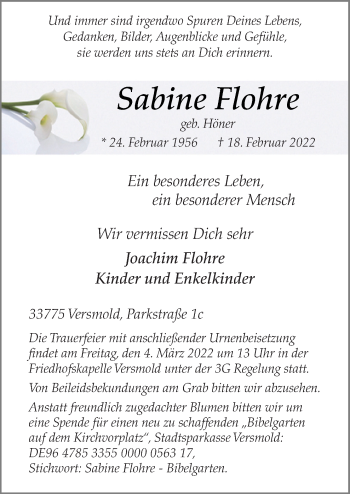Traueranzeige von Sabine Flohre von Neue Osnabrücker Zeitung GmbH & Co. KG