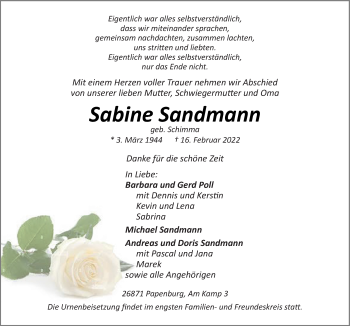 Traueranzeige von Sabine Sandmann von Neue Osnabrücker Zeitung GmbH & Co. KG