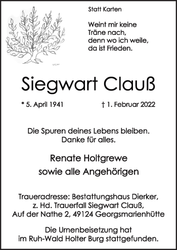 Traueranzeige von Siegwart Clauß von Neue Osnabrücker Zeitung GmbH & Co. KG