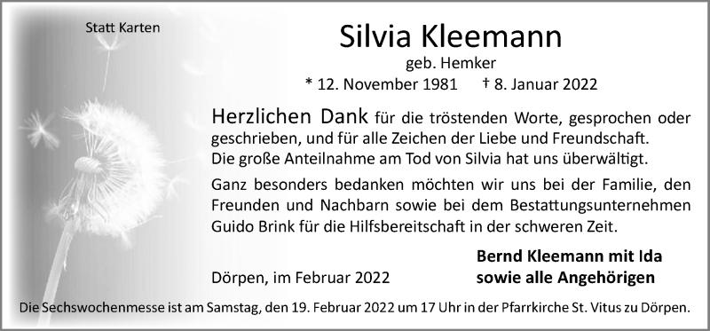  Traueranzeige für Silvia Kleemann vom 17.02.2022 aus Neue Osnabrücker Zeitung GmbH & Co. KG