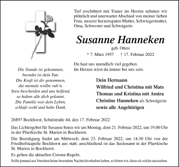 Traueranzeige von Susanne Hanneken von Neue Osnabrücker Zeitung GmbH & Co. KG