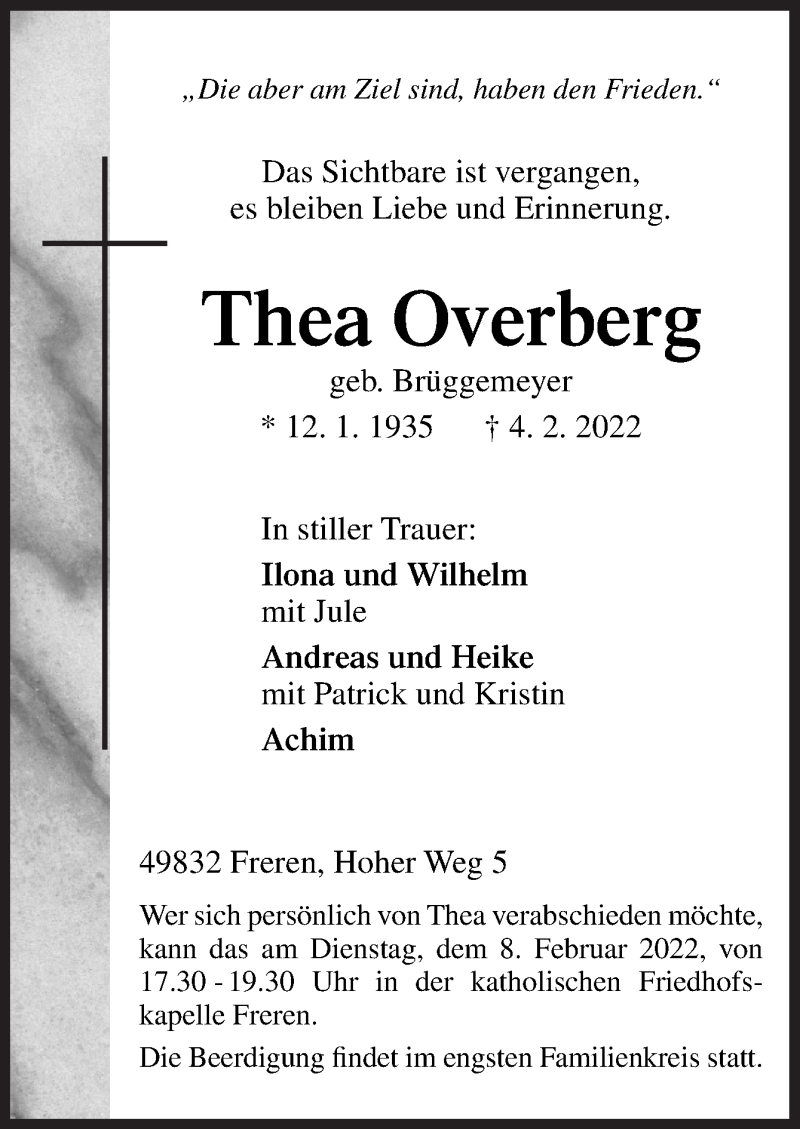  Traueranzeige für Thea Overberg vom 07.02.2022 aus Neue Osnabrücker Zeitung GmbH & Co. KG