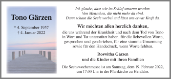 Traueranzeige von Tono Gärzen von Neue Osnabrücker Zeitung GmbH & Co. KG