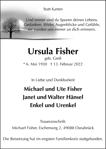 Traueranzeige von Ursula Fisher von Neue Osnabrücker Zeitung GmbH & Co. KG