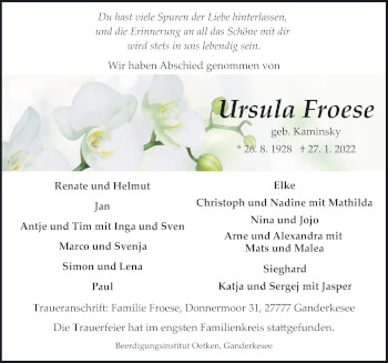 Traueranzeige von Ursula Froese von Neue Osnabrücker Zeitung GmbH & Co. KG