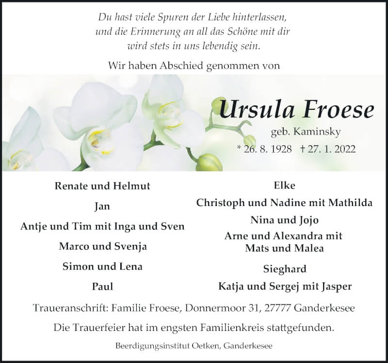  Traueranzeige für Ursula Froese vom 05.02.2022 aus Neue Osnabrücker Zeitung GmbH & Co. KG