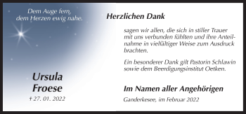 Traueranzeige von Ursula Froese von Neue Osnabrücker Zeitung GmbH & Co. KG