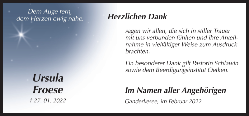  Traueranzeige für Ursula Froese vom 26.02.2022 aus Neue Osnabrücker Zeitung GmbH & Co. KG