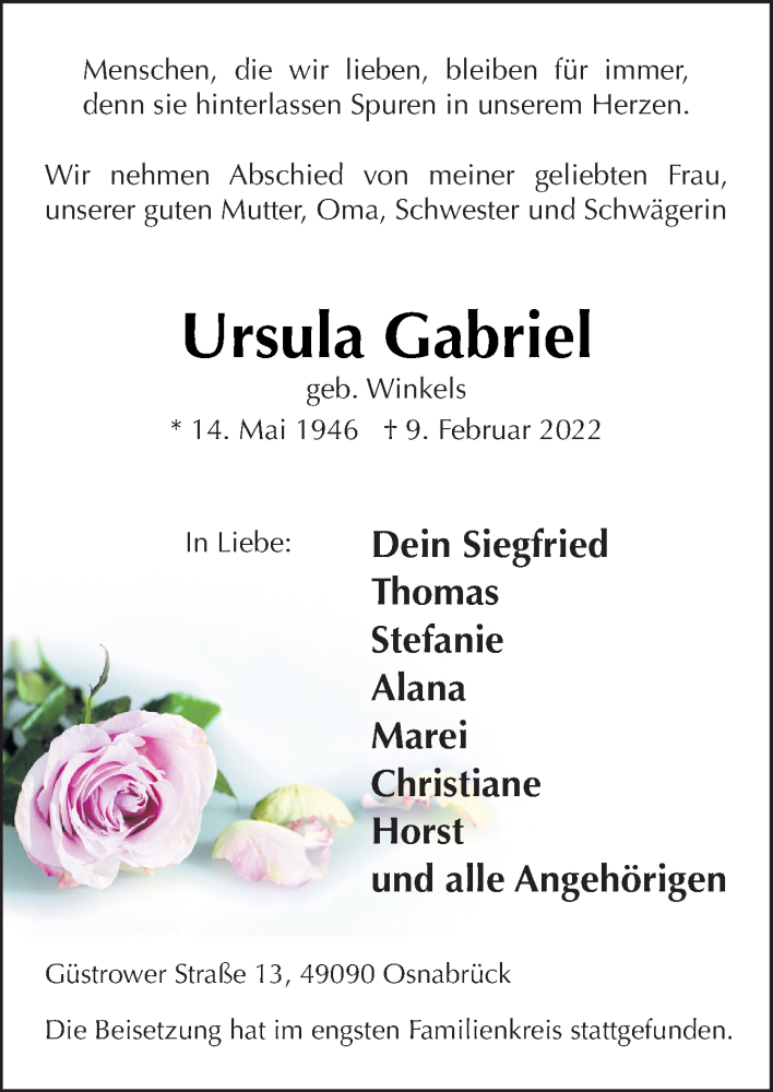  Traueranzeige für Ursula Gabriel vom 19.02.2022 aus Neue Osnabrücker Zeitung GmbH & Co. KG