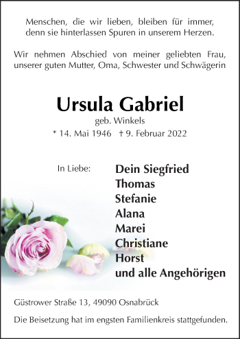 Traueranzeige von Ursula Gabriel von Neue Osnabrücker Zeitung GmbH & Co. KG