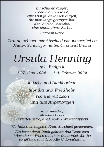Traueranzeige von Ursula Henning von Neue Osnabrücker Zeitung GmbH & Co. KG