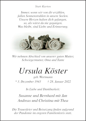 Traueranzeige von Ursula Köster von Neue Osnabrücker Zeitung GmbH & Co. KG