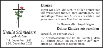 Traueranzeige von Ursula Schnieders von Neue Osnabrücker Zeitung GmbH & Co. KG