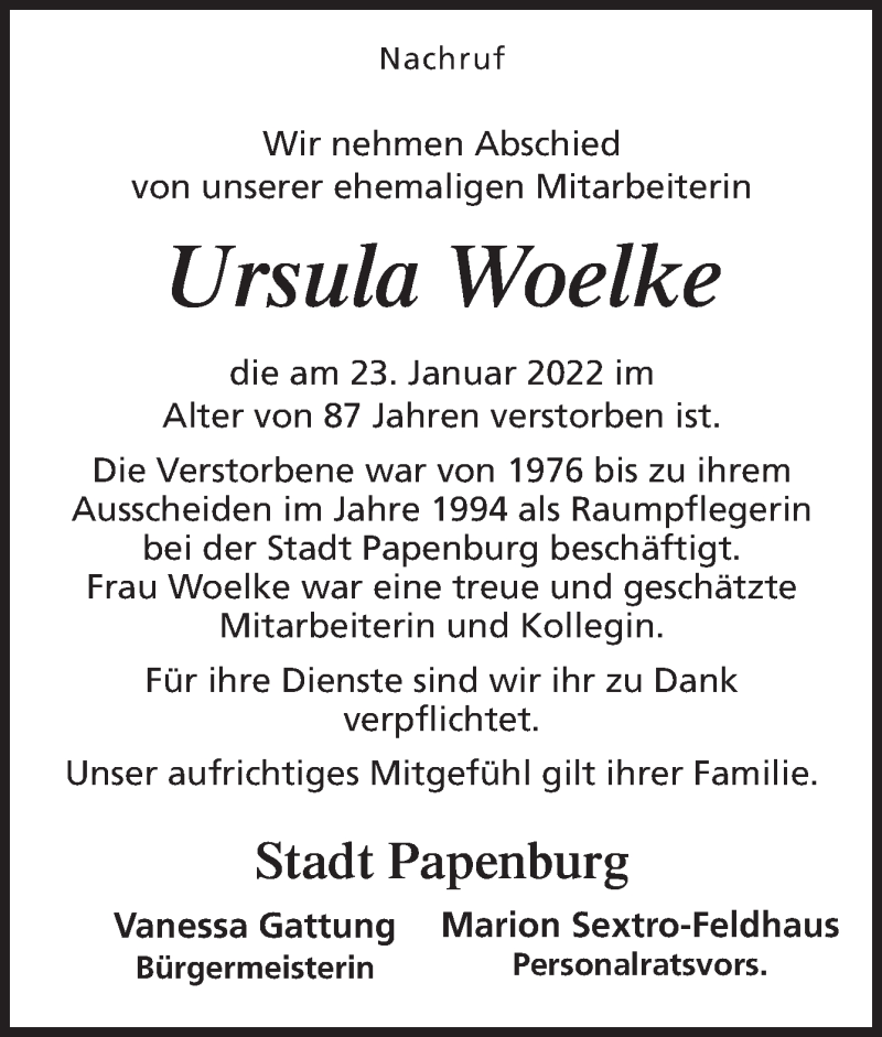  Traueranzeige für Ursula Woelke vom 16.02.2022 aus Neue Osnabrücker Zeitung GmbH & Co. KG