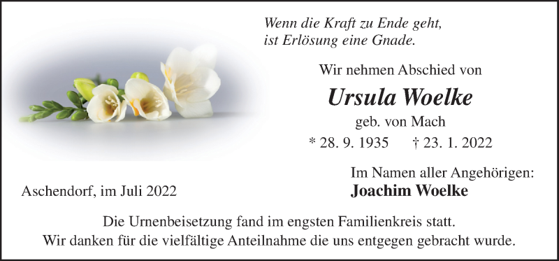  Traueranzeige für Ursula Woelke vom 14.02.2022 aus Neue Osnabrücker Zeitung GmbH & Co. KG
