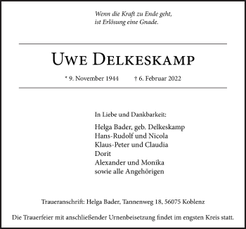 Traueranzeige von Uwe Delkeskamp von Neue Osnabrücker Zeitung GmbH & Co. KG