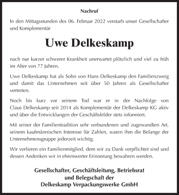 Traueranzeige von Uwe Delkeskamp von Neue Osnabrücker Zeitung GmbH & Co. KG