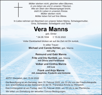 Traueranzeige von Vera Manns von Neue Osnabrücker Zeitung GmbH & Co. KG