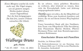 Traueranzeige von Walburga Bruns von Neue Osnabrücker Zeitung GmbH & Co. KG