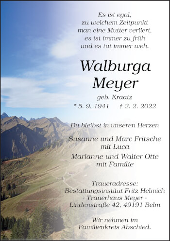 Traueranzeige von Walburga Meyer von Neue Osnabrücker Zeitung GmbH & Co. KG