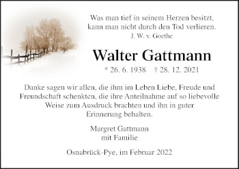 Traueranzeige von Walter Gattmann von Neue Osnabrücker Zeitung GmbH & Co. KG