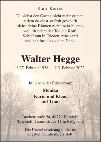 Traueranzeige von Walter Hegge von Neue Osnabrücker Zeitung GmbH & Co. KG