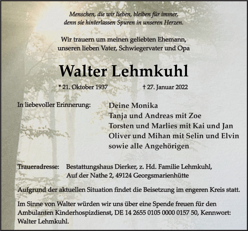  Traueranzeige für Walter Lehmkuhl vom 02.02.2022 aus Neue Osnabrücker Zeitung GmbH & Co. KG