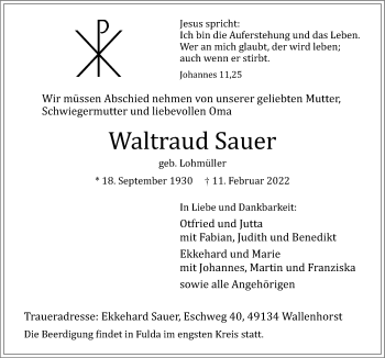 Traueranzeige von Waltraud Sauer von Neue Osnabrücker Zeitung GmbH & Co. KG