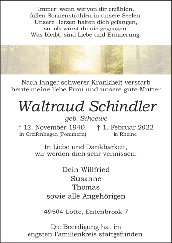Traueranzeige von Waltraud Schindler von Neue Osnabrücker Zeitung GmbH & Co. KG