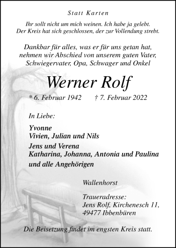 Traueranzeige von Werner Rolf von Neue Osnabrücker Zeitung GmbH & Co. KG